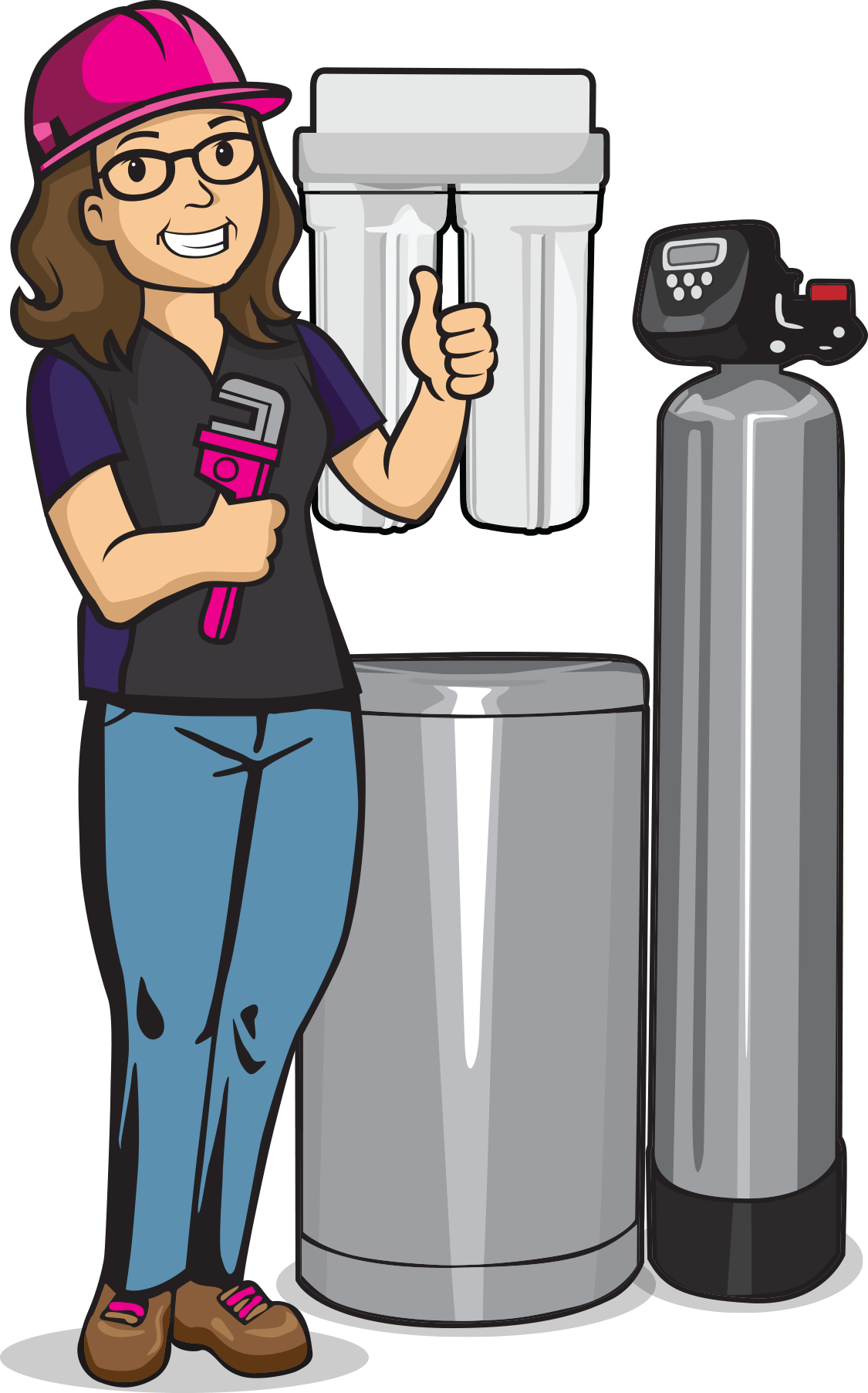 Cartoon mascot of plumbing expert Kelli Adams demonstrating equipment in Greenfield